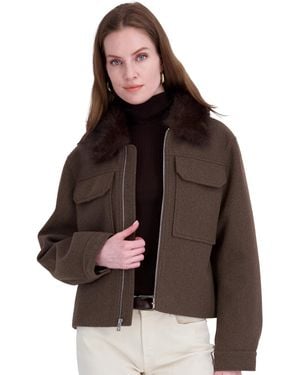 Tahari Detachable Faux-fur Collar Cropped Coat - Brown