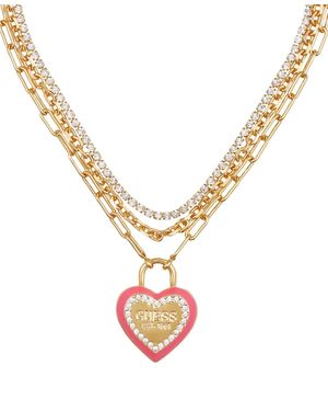 Guess Tone Crystal Logo Heart Layered Pendant Necklace - Metallic