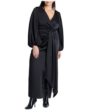 Eloquii Plus Size Satin Puff Sleeve Pleated Dress - Black