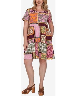 Ruby Rd. Plus Size Tropical Patchwork Pocket Dress - Red