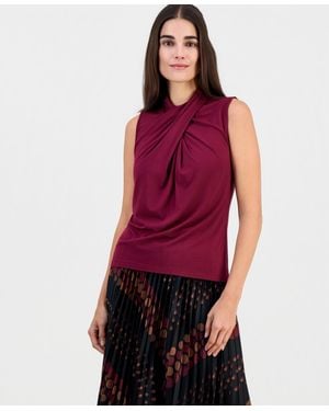 Tahari Asymmetric Draped-neck Sleeveless Top - Red