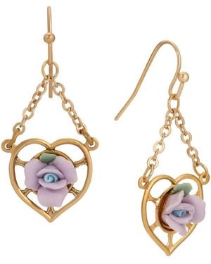 2028 Gold Tone Heart Porcelain Rose Earrings - Metallic