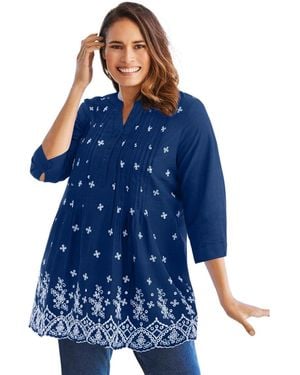 Woman Within Plus Size Within Embroidered Pintuck Tunic - Blue