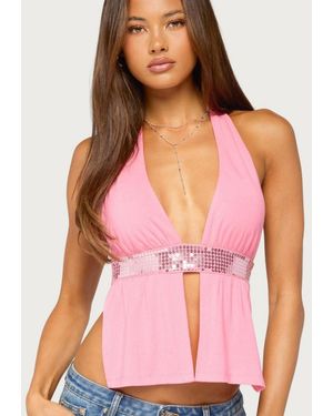 Edikted Heily Sequin Backless Split-front V-neck Top - Pink