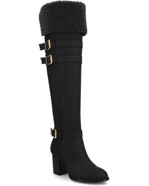Journee Collection Journee Alyza Buckle Detail Over-the-knee Inside Zipper Almond Toe Comfort Sherpa Boots - Black