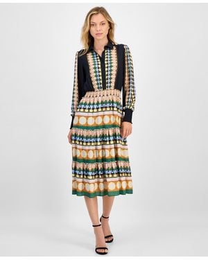 Tahari Printed Half-placket Smocked-waist Midi Dress - Multicolor