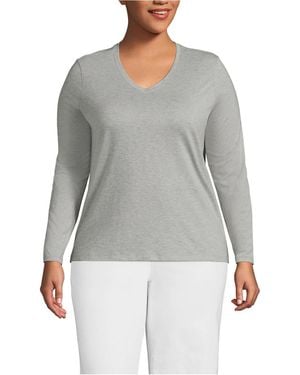 Lands' End Plus Size Relaxed Supima Cotton Long Sleeve V-neck T-shirt - Gray