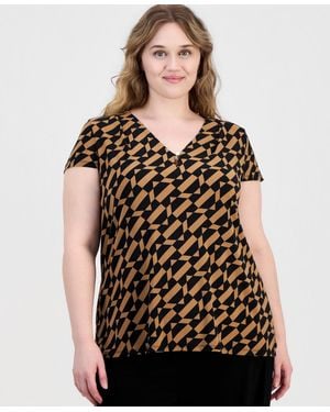 Anne Klein Essentials Plus Size Printed V-neck Cap-sleeve Top - Black