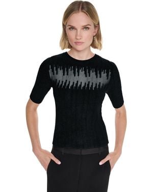 DKNY Ribbed Knit Sheer-panel Short-sleeve Sweater - Black