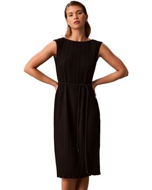 Calvin Klein Belted Pleated Boat Neck Midi Dress - Black