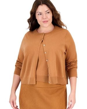 Tahari Plus Size Cotton-blend Fitted Crew Neck Button-front Cardigan - Brown
