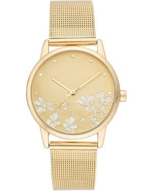 Nine West Quartz Stainless Steel Mesh Band And Flower Pattern Watch - Metallic
