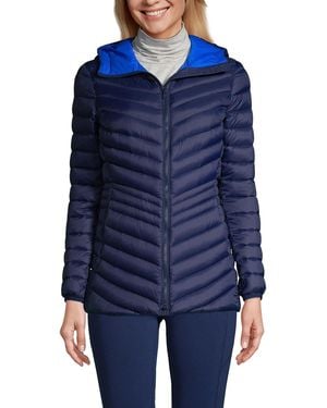 Lands' End Tall Wanderweight Packable Down Hooded Long Jacket - Blue