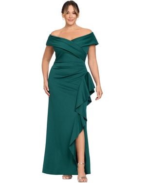 Xscape Plus Sweetheart Neck Side Ruffle Off-the-shoulder Long Dress - Green