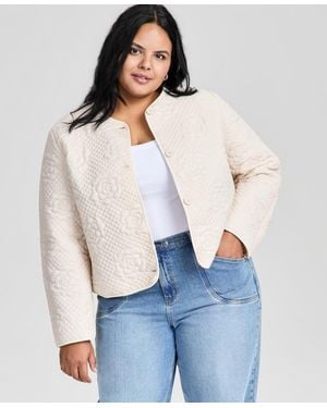 And Now This Trendy Plus Floral Quilted Jewel-neck Jacket - Blue