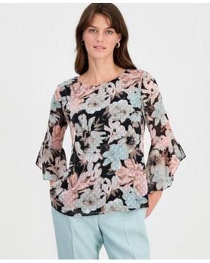Kasper Floral Clip Dot 3 4 Sleeve Top - Gray