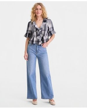 On 34th Short Sleeve Ruffle-front Cotton Blouse - Blue