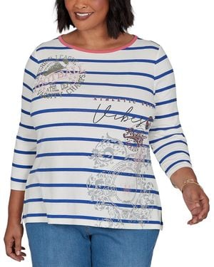 Ruby Rd. Plus Size Stripe Boat Neck 3/4-sleeve Top - Blue