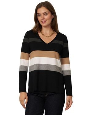 Cable & Gauge Texture Stripe Striped V-neck Long-sleeve Sweater - Black
