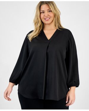 Jones New York Plus Size Satin 3/4-puff Sleeve V-neck Blouse - Black