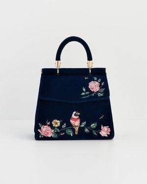 Fable England Rosy Posy Embroidered Mini Top Handle Tote - Blue