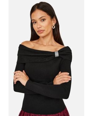 Yumi' Rhinestone Diamante Bardot Neck Sweater - Black