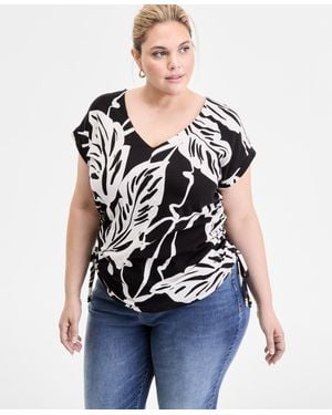 INC International Concepts Plus Size Printed Adjustable-side-tie Top - Blue
