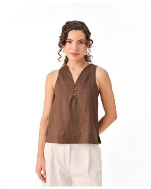REISTOR Button Neck Top - Brown