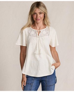 Lands' End Slub Flutter Sleeve Lace Trim Notch Neck Tunic Top - Natural