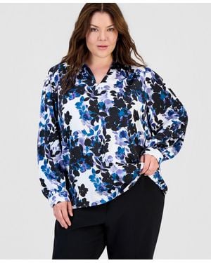 Kasper Plus Size Printed V-neck Blouson-sleeve Blouse - Blue