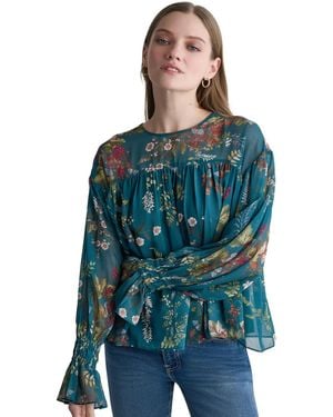 BCBGMAXAZRIA Drop-shoulder Chiffon Crew Neck Long Sleeve Blouse - Blue