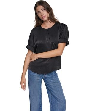 DKNY Satin Roll-sleeve Slight-crease Crewneck Blouse - Blue