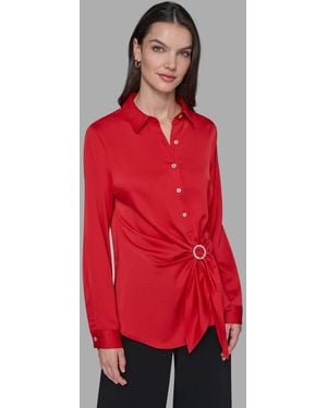 Karl Lagerfeld Long Sleeve Surplice Ring Detail Top - Red