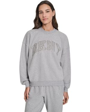 DKNY Arched Rhinestone Varsity Logo Graphic Long-sleeve Crewneck Sweatshirt - Gray