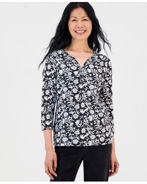 Style & Co. Printed 3/4 Sleeve Henley Top - White
