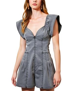 Modenaire Structured Zip-front Flutter Sleeve Pleated Romper - Gray
