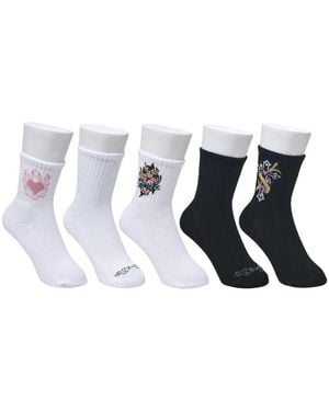Ed Hardy Flowery Cross Print Arch Support Half-cushion Crew Socks - White