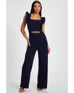 Quiz Scuba Crepe Chain Front Frill Jumpsuit - Blue