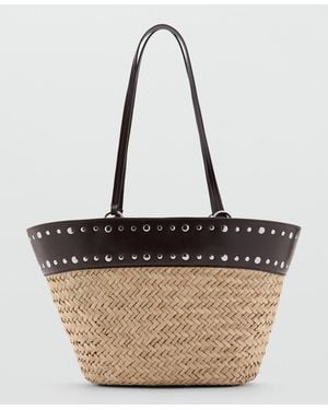 Mango Studs Raffia Shopper Bag - Brown