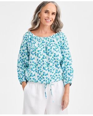 Charter Club 100% Linen Tile On-off-shoulder 3/4-sleeve Top - Blue