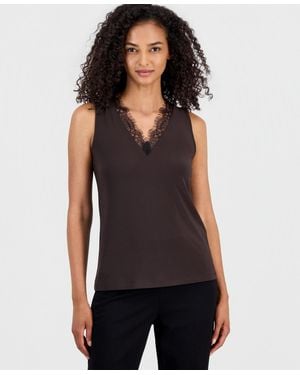 Anne Klein Lace-trim-v-neck Tank Top - Black