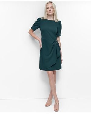 DKNY Short Sleeve Jewel Neck Scuba Crepe Dress - Blue