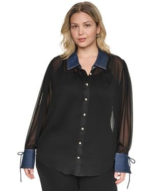 KARL LAGERFELD Plus Size Mixed Media Collared Button-front Top - Black