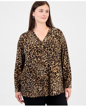 Anne Klein Essentials Plus Size V-neck Notch Collar Blouse - Brown