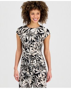 Kasper Printed Cap-sleeve Tie-waist Top - White