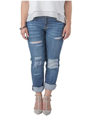 Standards & Practices Plus Size Distressed And Patched Boyfriend Jeans - Blue
