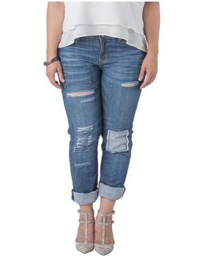 Standards & Practices Plus Size Distressed And Patched Boyfriend Jeans - Blue