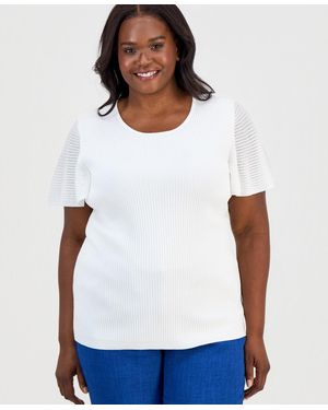 Kasper Plus Size Ribbed Flutter-sleeve Sweater - White