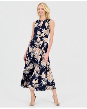 Sandra Darren Petite Floral Keyhole-neck Maxi Dress - Blue