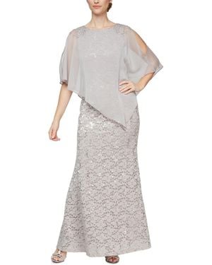 Sl Fashions Sequin Lace Chiffon Caplet Gown - Gray